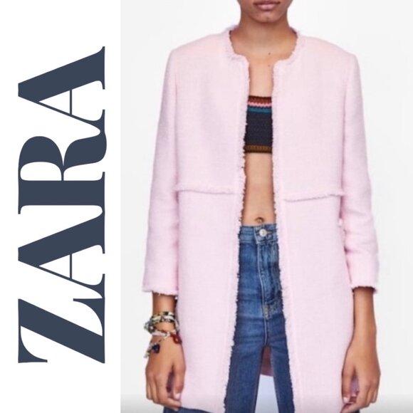 ZARA  Blush Pink Tweed Frayed Edge Longline Open Front Jacket Coat, Size Small - Picture 1 of 13